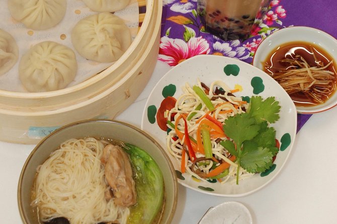 Xiao Long Bao, Chicken vermicelli with mushroom and sesame oil, Tofu strips salad, Bubble milk tea. Taiwan Traditional Delicacies Experience-A (Taipei Cooking Class) - Vermicelli, tofu salad, and bubble tea